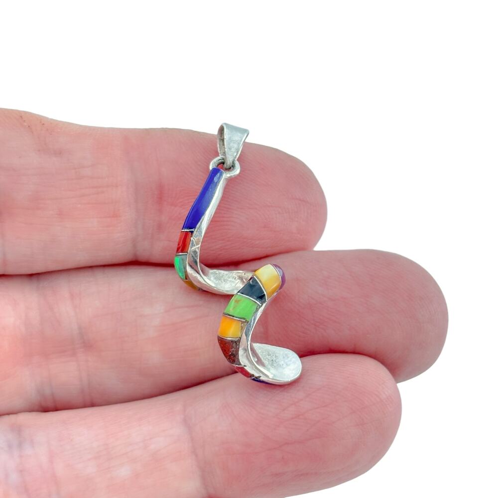 Vintage Sterling Silver Multiple Gemstone Inlay Spiral Pendant